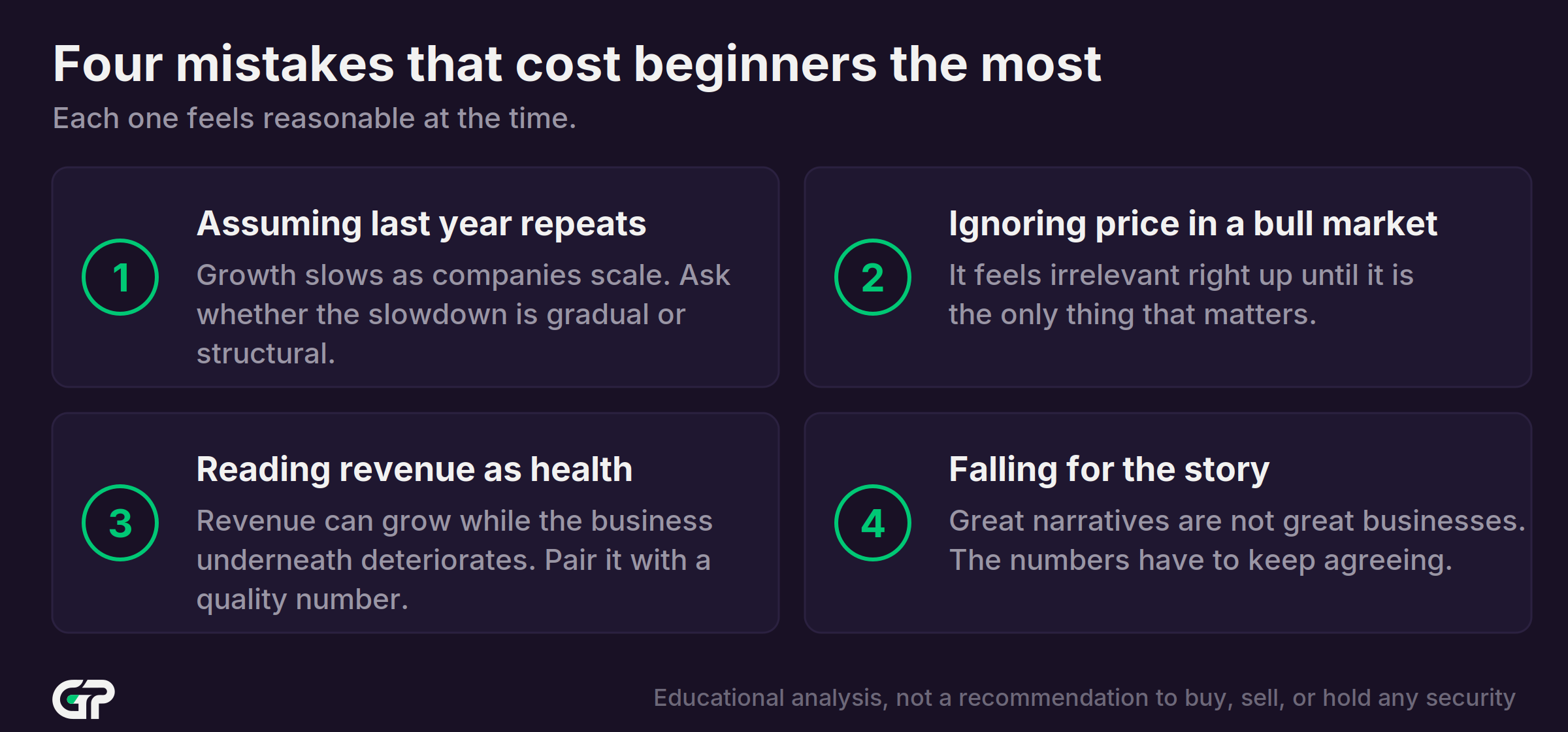 Four mistakes that cost beginners the most: assuming last year repeats, ignoring price in a bull market, reading revenue as health, and falling for the story